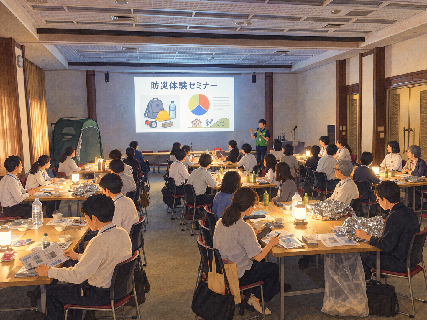 照明を落とした会場でランタンの明かりを囲み、防災について学ぶ参加者の皆さま