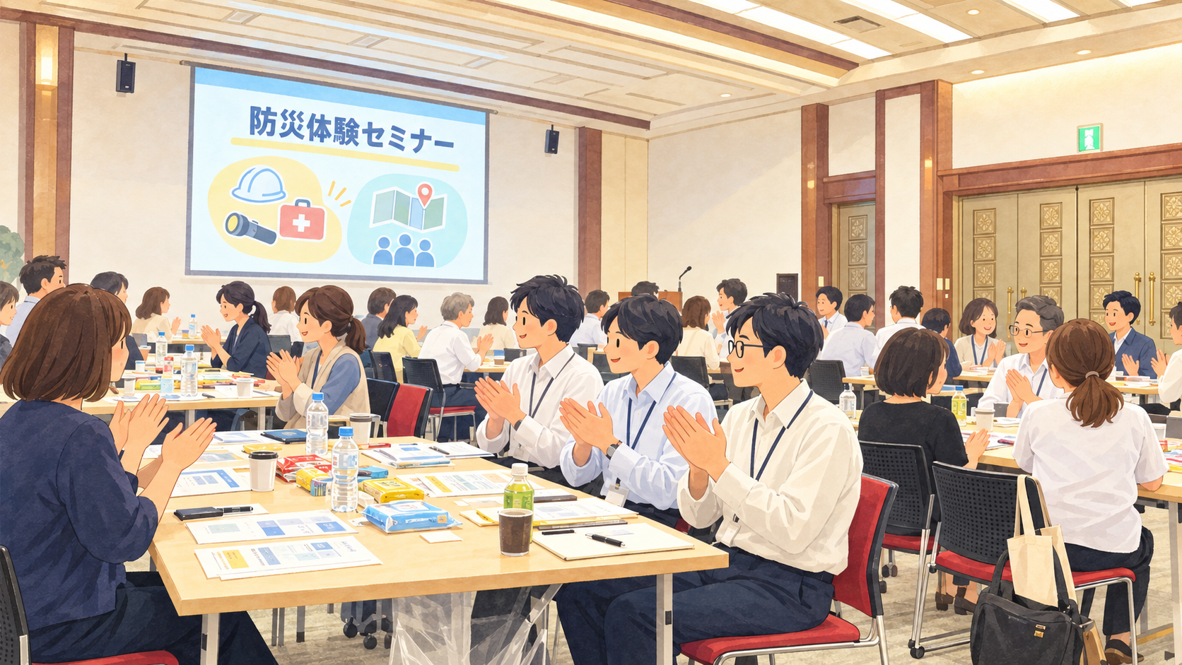 防災体験セミナーで各テーブルに分かれて自己紹介をする参加者の皆さま